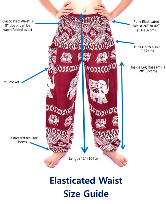Bohotusk Red Royal Elephant Print Elasticated Smocked Waist Womens Harem Pants S/M