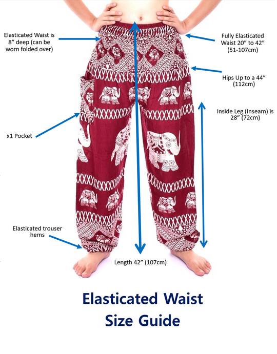 Bohotusk Red Elephant Calf Print Elasticated Womens Harem Trousers S/M to L/XL