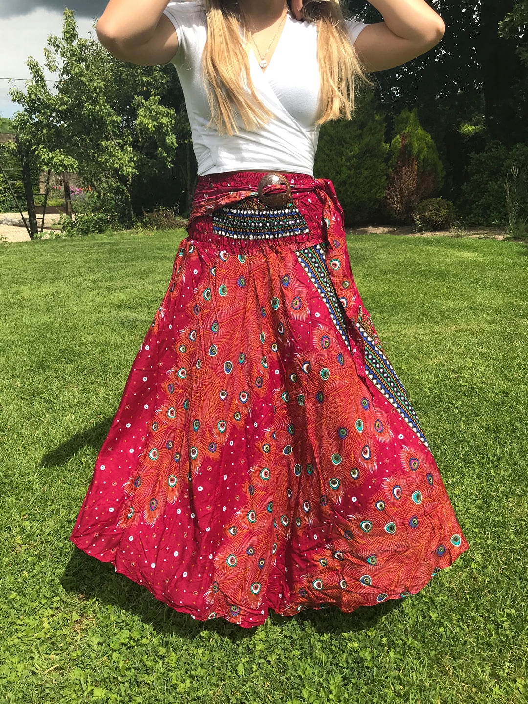 Bohotusk Burnt Red Peacock Long Skirt With Coconut Buckle (& Strapless Dress) S/M to L/XL