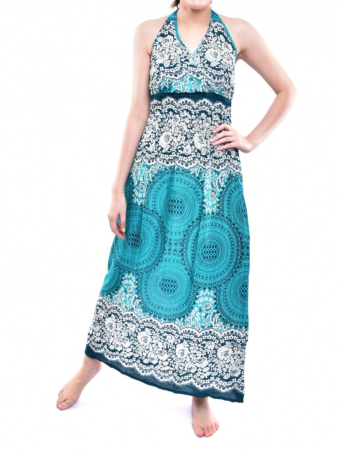 Bohotusk Teal Sun Glow Print Tie Neck Maxi Dress