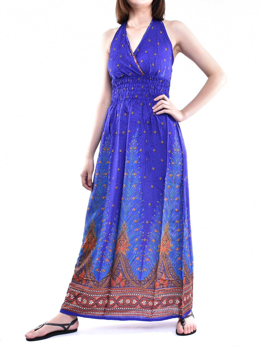 Bohotusk Light Blue Peacock Print Tie Neck Maxi Dress