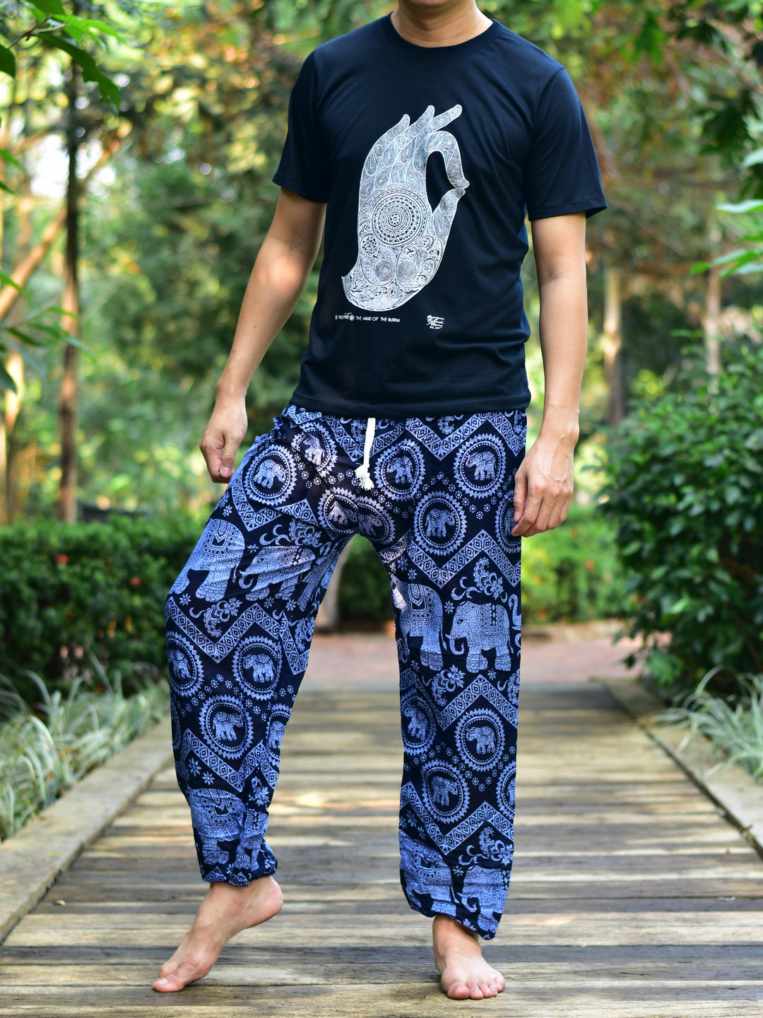 Bohotusk Mens Blue Elephant Tusker Harem Pants Cord Tie Waist M/L to 2XL