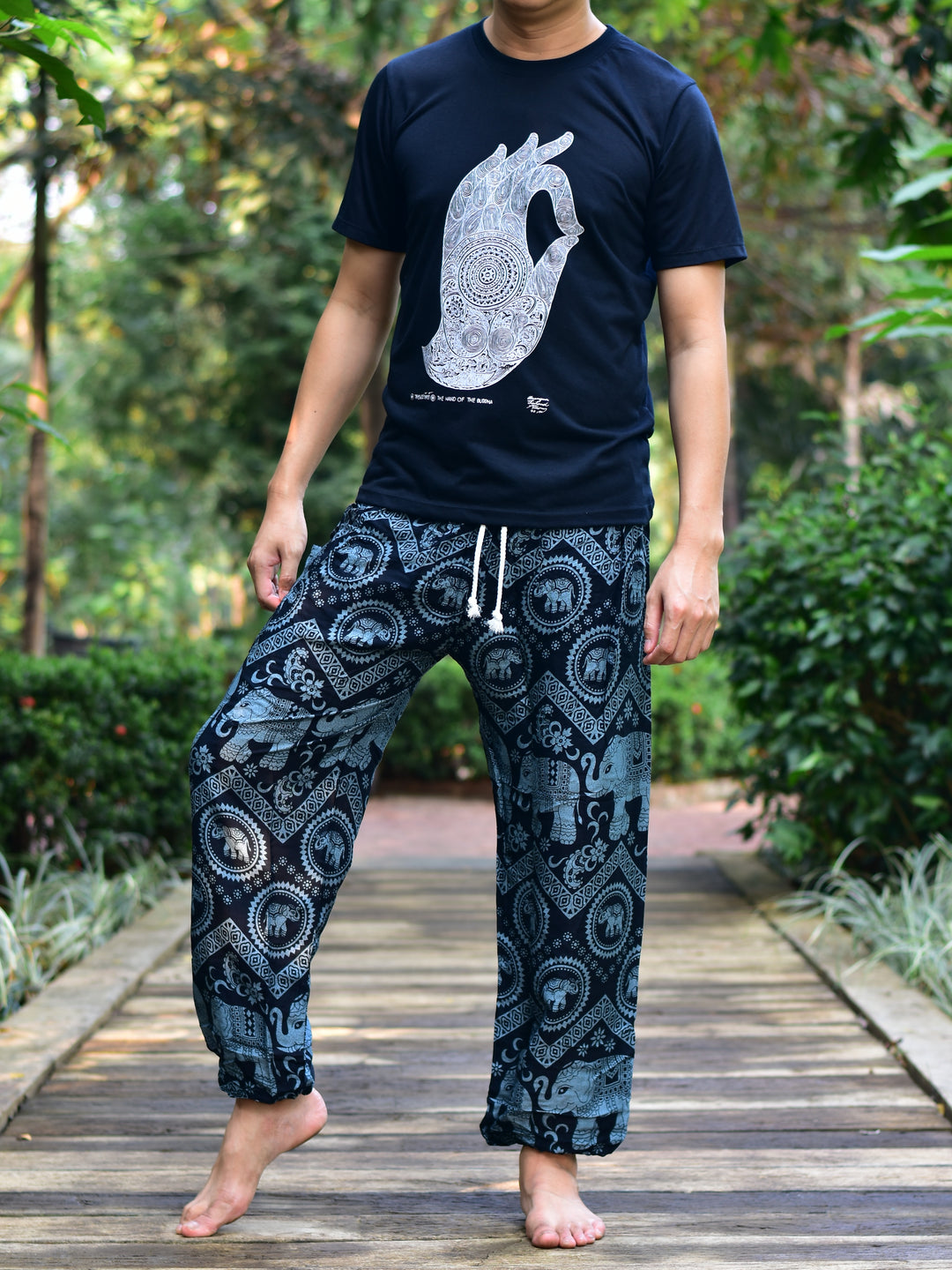 Bohotusk Mens Black Elephant Tusker Harem Pants Cord Tie Waist M/L to XL