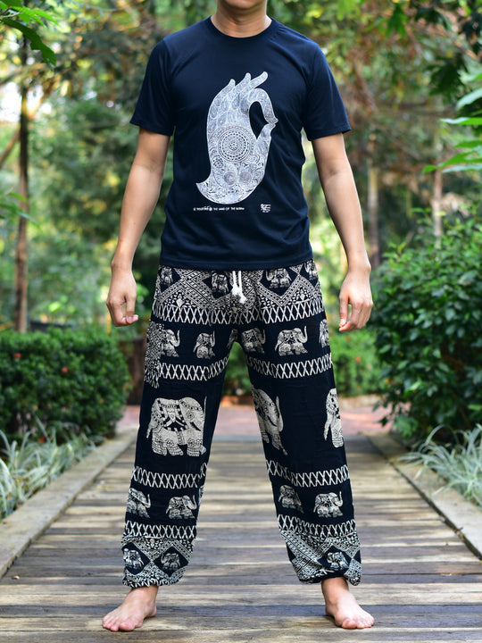 Bohotusk Mens Black Elephant Bull Print Harem Pants Cord Tie Waist M/L to XL