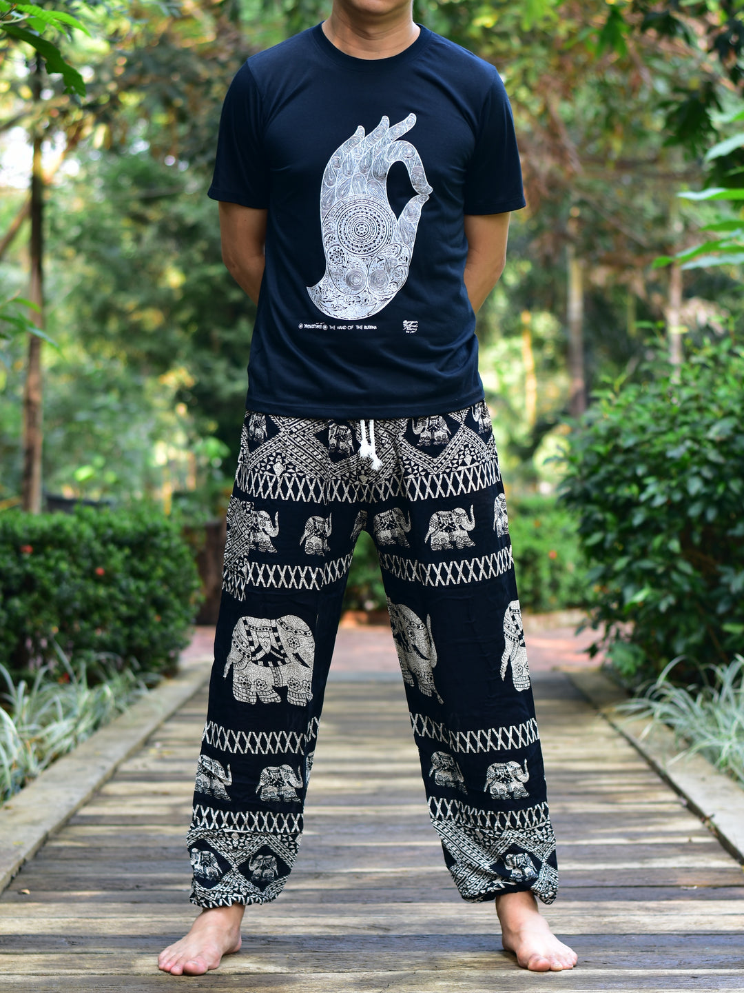 Bohotusk Mens Black Elephant Bull Print Harem Pants Cord Tie Waist M/L to XL