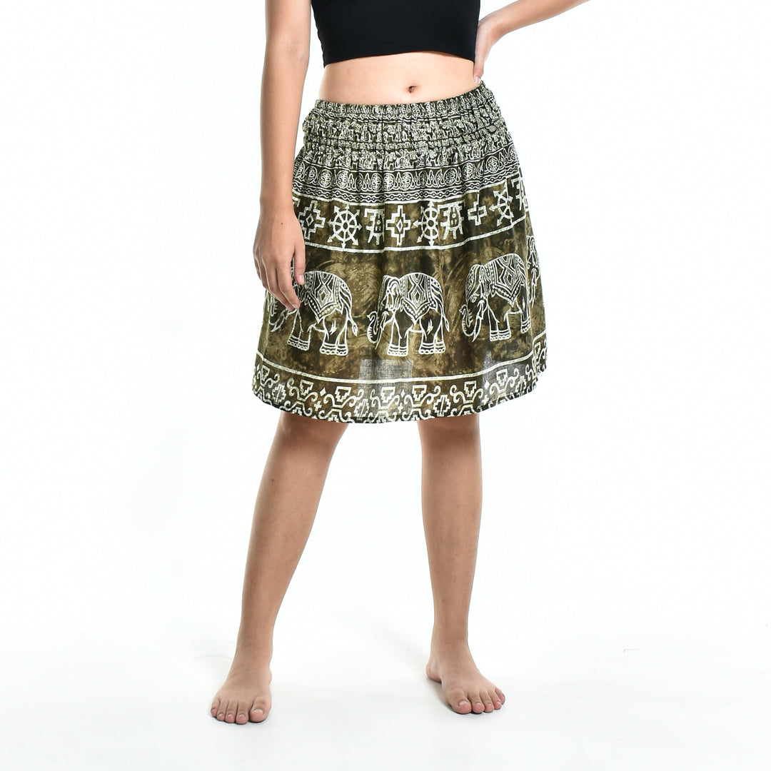 Bohotusk Olive Green Amboseli Elephant Print Short Skirt SM to LXL