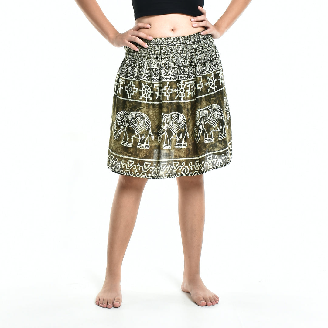 Bohotusk Olive Green Amboseli Elephant Print Short Skirt SM to LXL