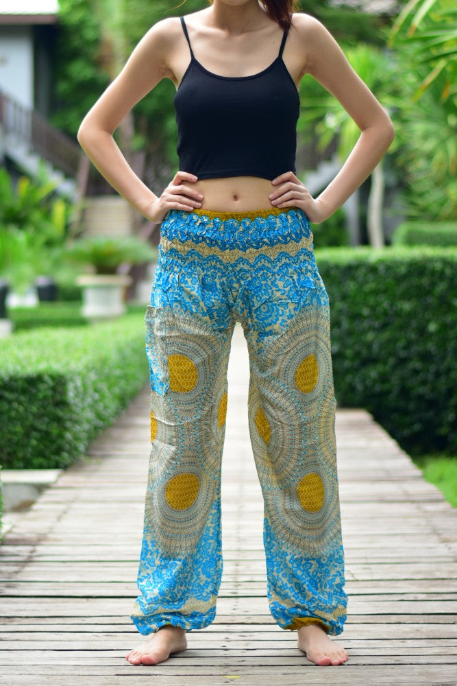 Bohotusk Sky Blue Garden Swirl Print Elasticated Smocked Waist Womens Harem Pants