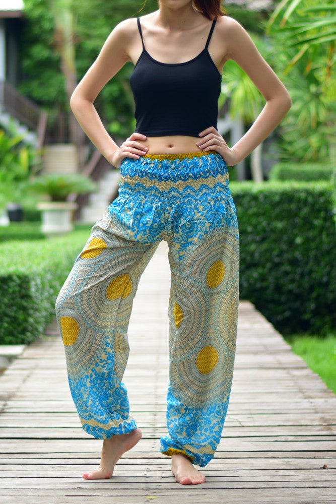 Bohotusk Sky Blue Garden Swirl Print Elasticated Smocked Waist Womens Harem Pants