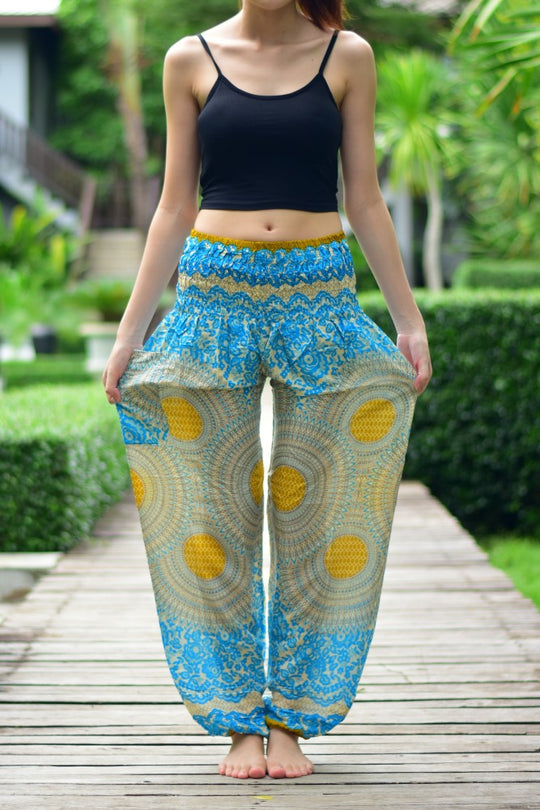 Bohotusk Sky Blue Garden Swirl Print Elasticated Smocked Waist Womens Harem Pants