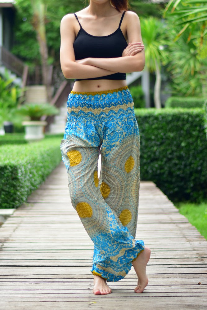 Bohotusk Sky Blue Garden Swirl Print Elasticated Smocked Waist Womens Harem Pants