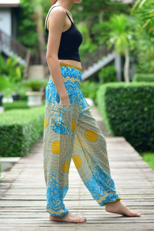 Bohotusk Sky Blue Garden Swirl Print Elasticated Smocked Waist Womens Harem Pants
