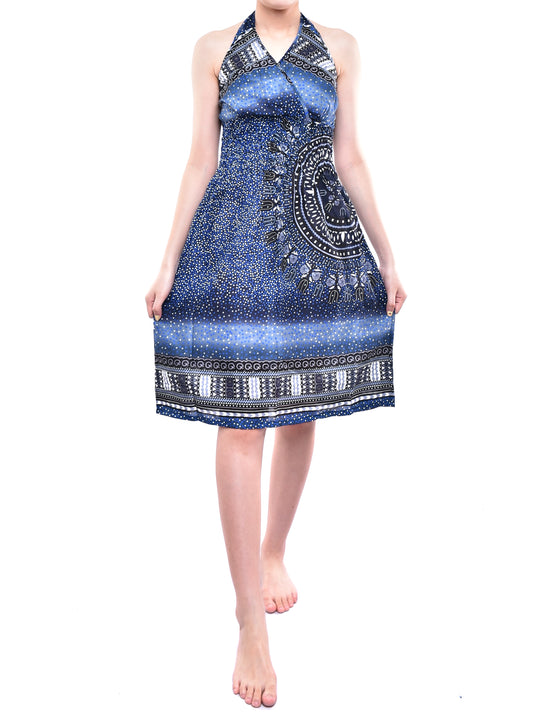 Bohotusk Blue Night Sky Tie Neck Knee Length Dress