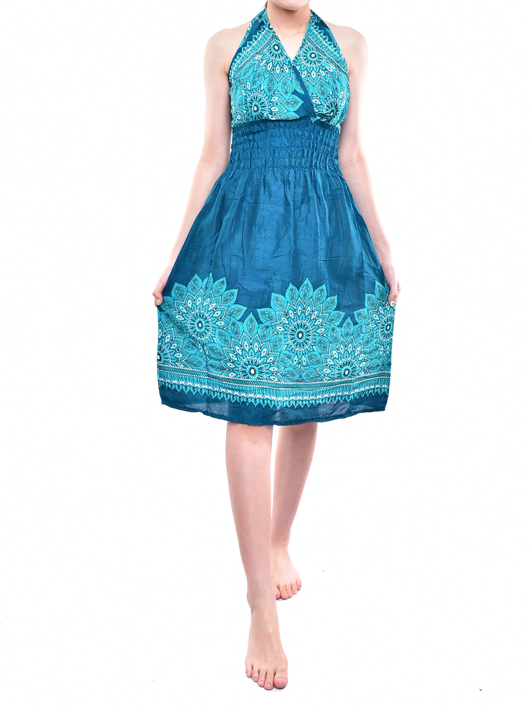 Bohotusk Teal Tigers Eye Tie Neck Knee Length Dress