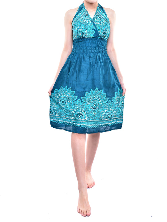 Bohotusk Teal Tigers Eye Tie Neck Knee Length Dress