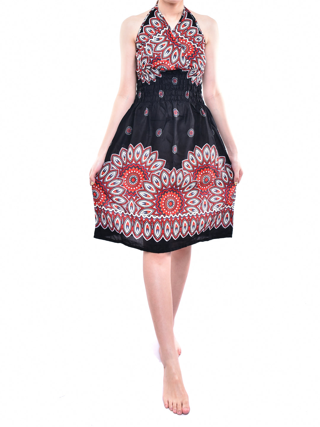 Bohotusk Black Sun Beam Tie Neck Knee Length Dress