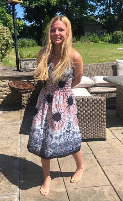 Bohotusk Light Pink & White Sun Glow Print Tie Neck Knee Length Dress