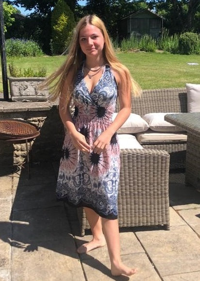 Bohotusk Light Pink & White Sun Glow Print Tie Neck Knee Length Dress