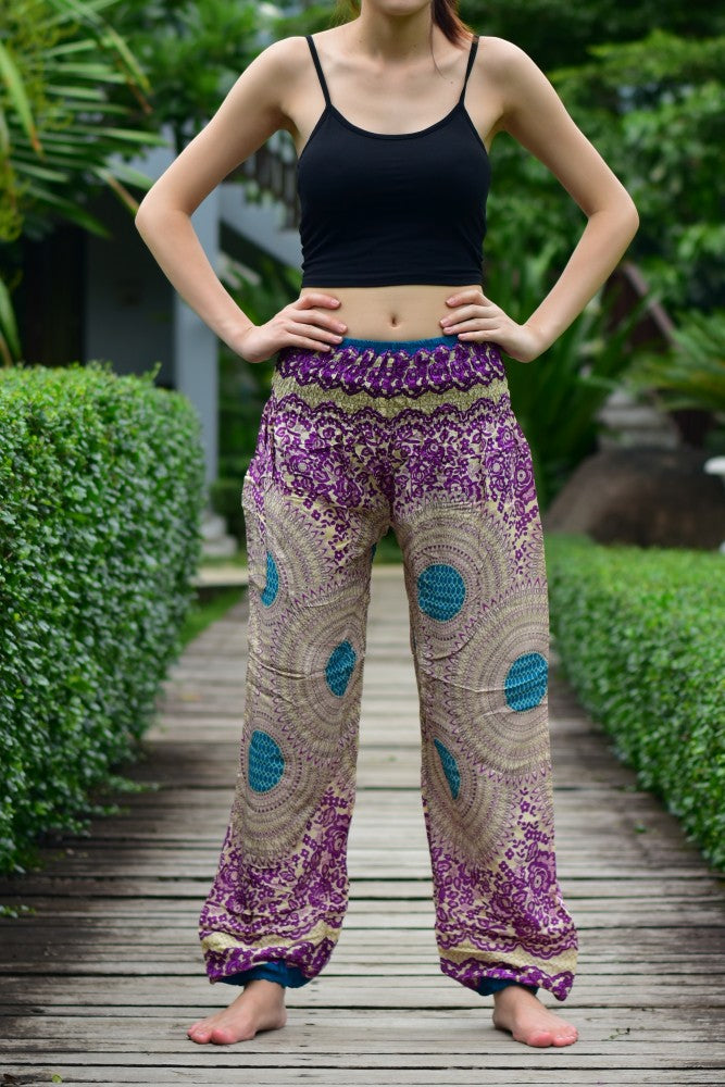 Bohotusk Purple Garden Swirl Print Elasticated Smocked Waist Womens Harem Pants S/M only