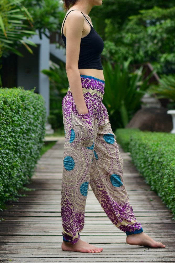 Bohotusk Purple Garden Swirl Print Elasticated Smocked Waist Womens Harem Pants S/M only