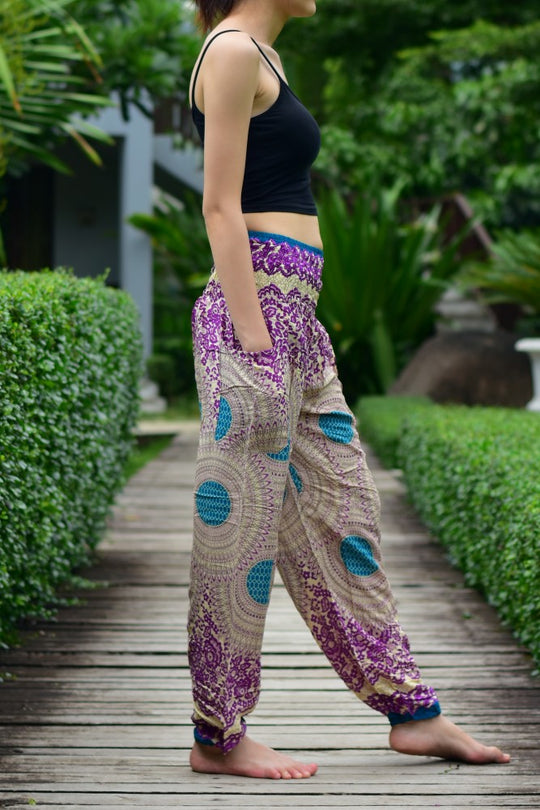 Bohotusk Purple Garden Swirl Print Elasticated Smocked Waist Womens Harem Pants S/M only