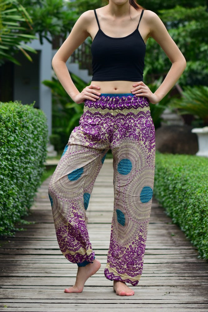 Bohotusk Purple Garden Swirl Print Elasticated Smocked Waist Womens Harem Pants S/M only