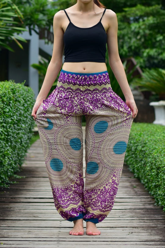 Bohotusk Purple Garden Swirl Print Elasticated Smocked Waist Womens Harem Pants S/M only
