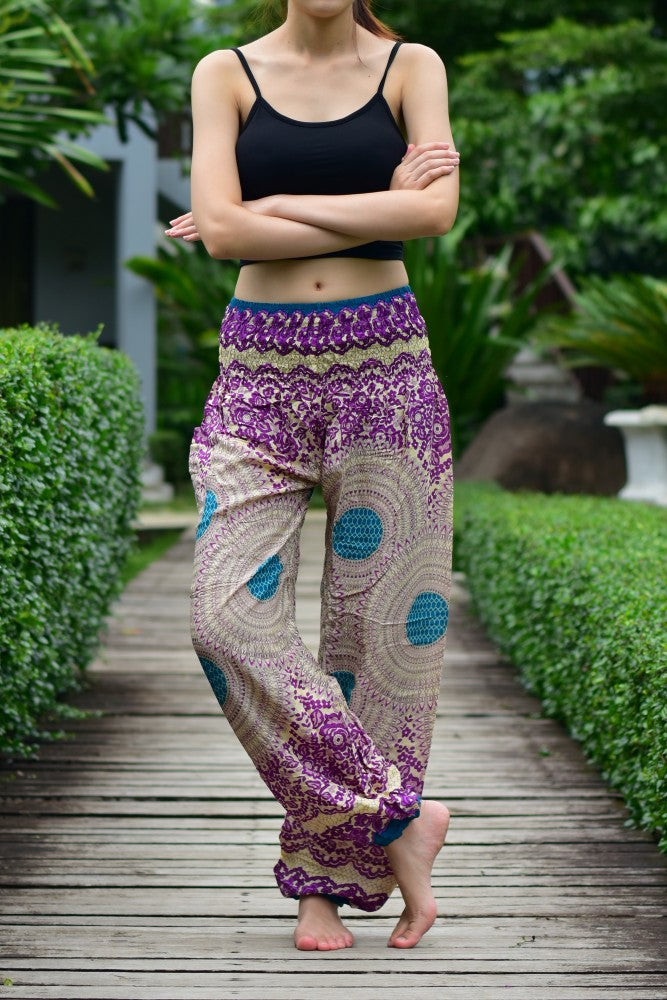 Bohotusk Purple Garden Swirl Print Elasticated Smocked Waist Womens Harem Pants S/M only