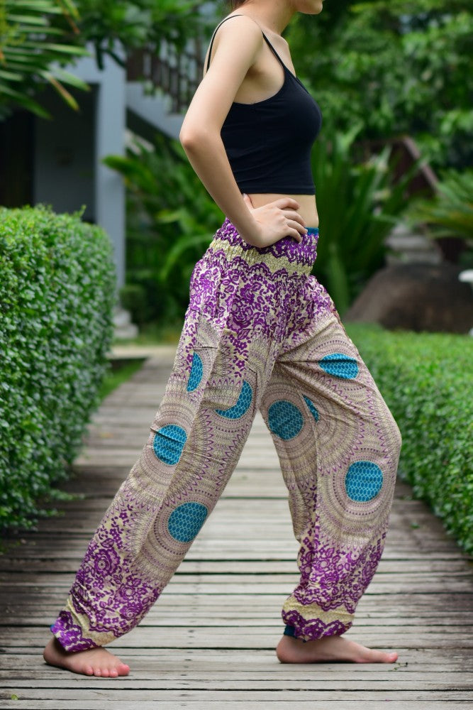 Bohotusk Purple Garden Swirl Print Elasticated Smocked Waist Womens Harem Pants S/M only