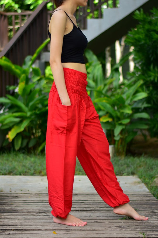 Bohotusk Light Red Plain Elasticated Smocked Waist Womens Harem Pants S/M to 3XL