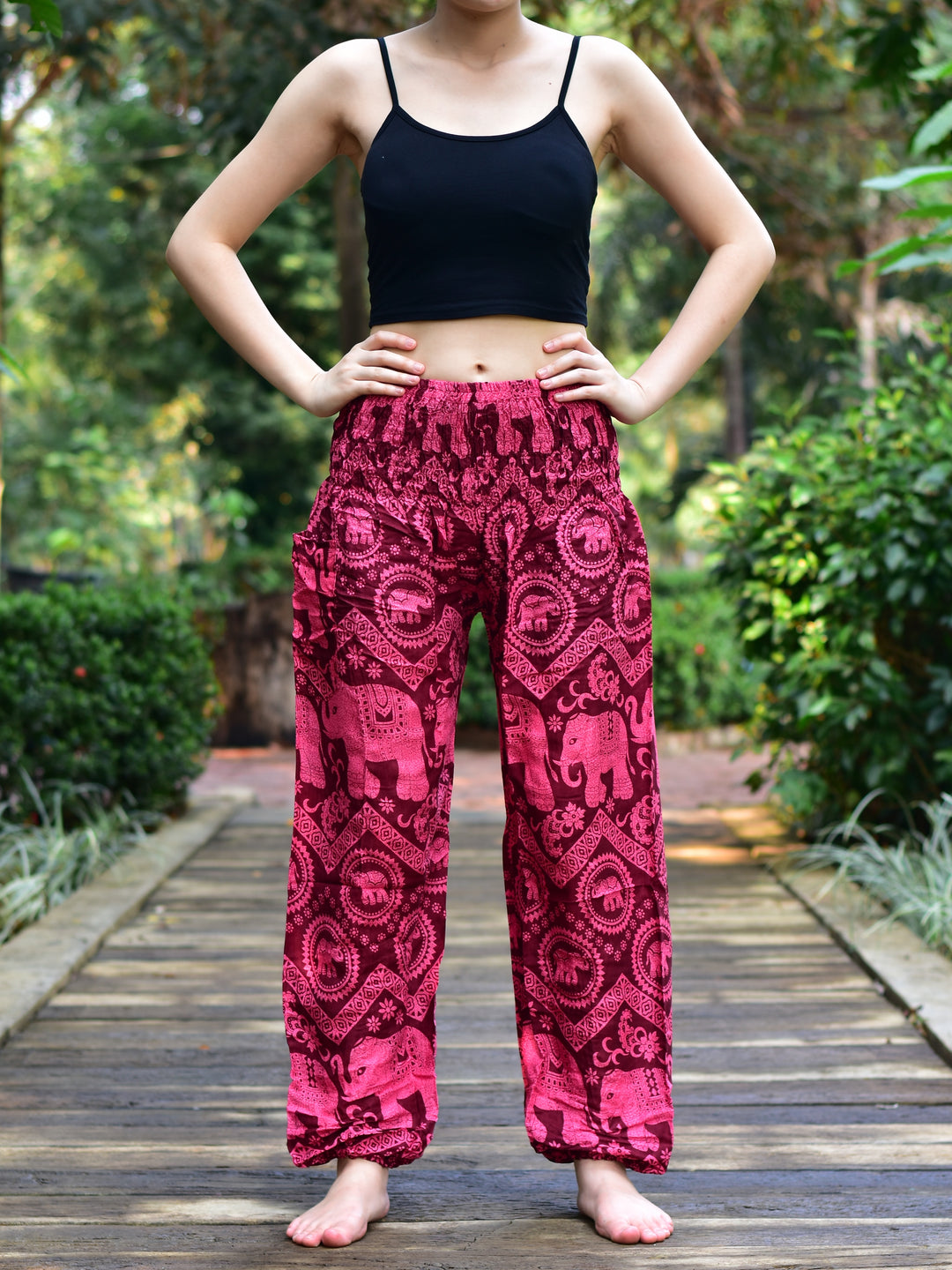Bohotusk Kids Red Pink Elephant Tusker Elasticated Smocked Waist Harem Pants (13 - 15 Years)