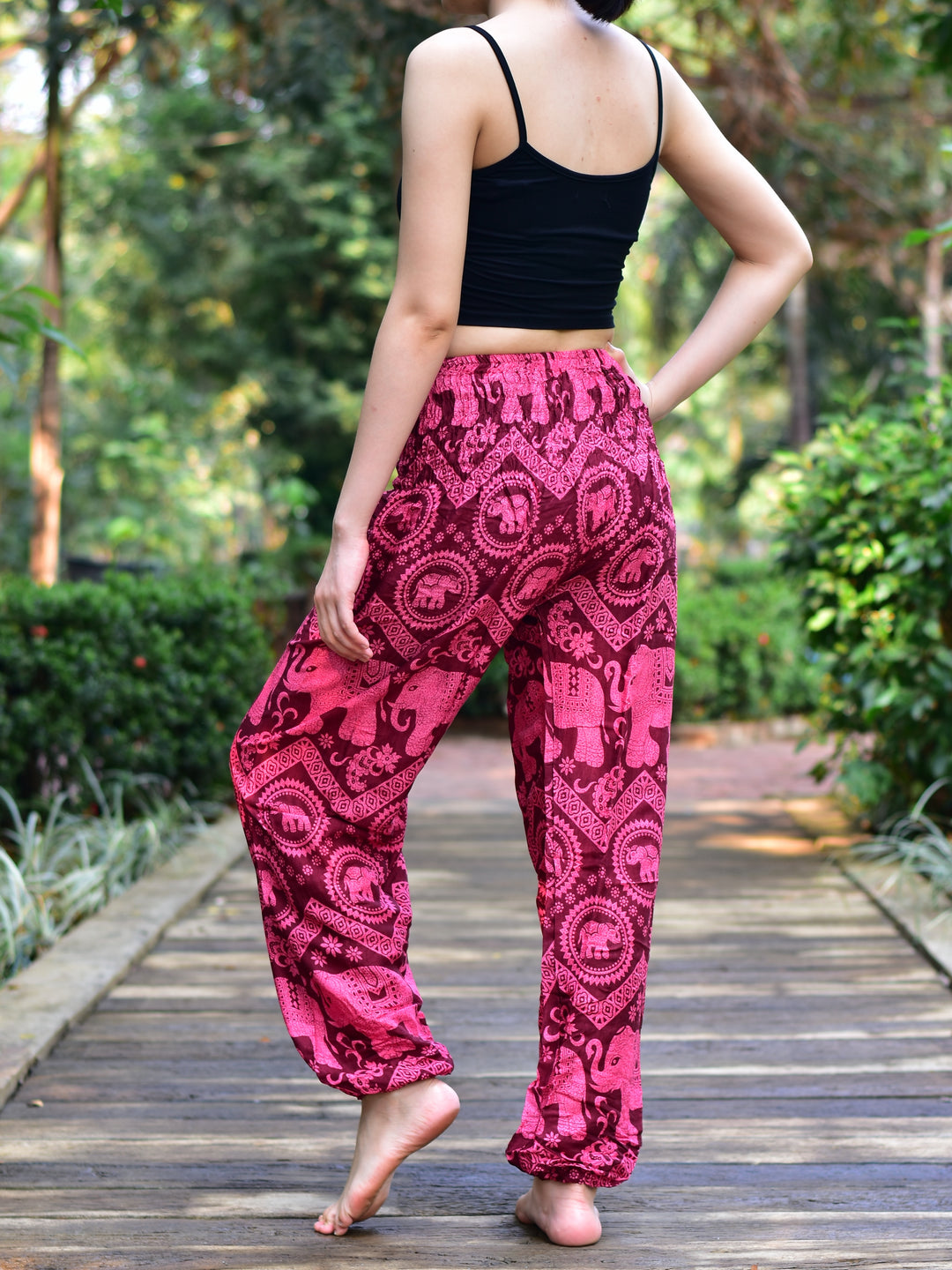 Bohotusk Red Pink Elephant Tusker Elasticated Smocked Waist Womens Harem Pants S/M to L/XL