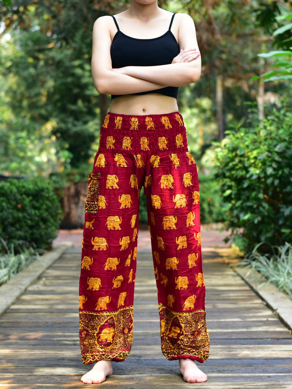 Bohotusk Red Royal Elephant Print Elasticated Smocked Waist Womens Harem Pants S/M