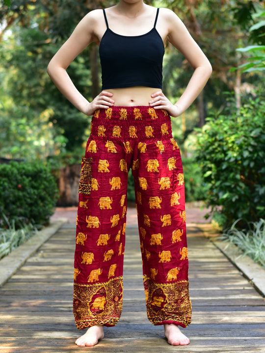 Bohotusk Red Royal Elephant Print Elasticated Smocked Waist Womens Harem Pants S/M