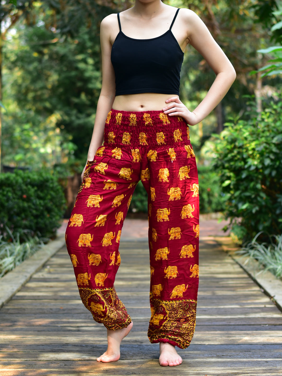 Bohotusk Red Royal Elephant Print Elasticated Smocked Waist Womens Harem Pants S/M