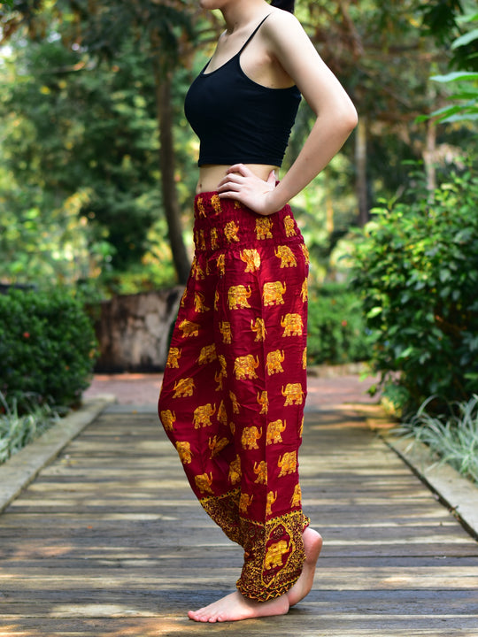 Bohotusk Red Royal Elephant Print Elasticated Smocked Waist Womens Harem Pants S/M
