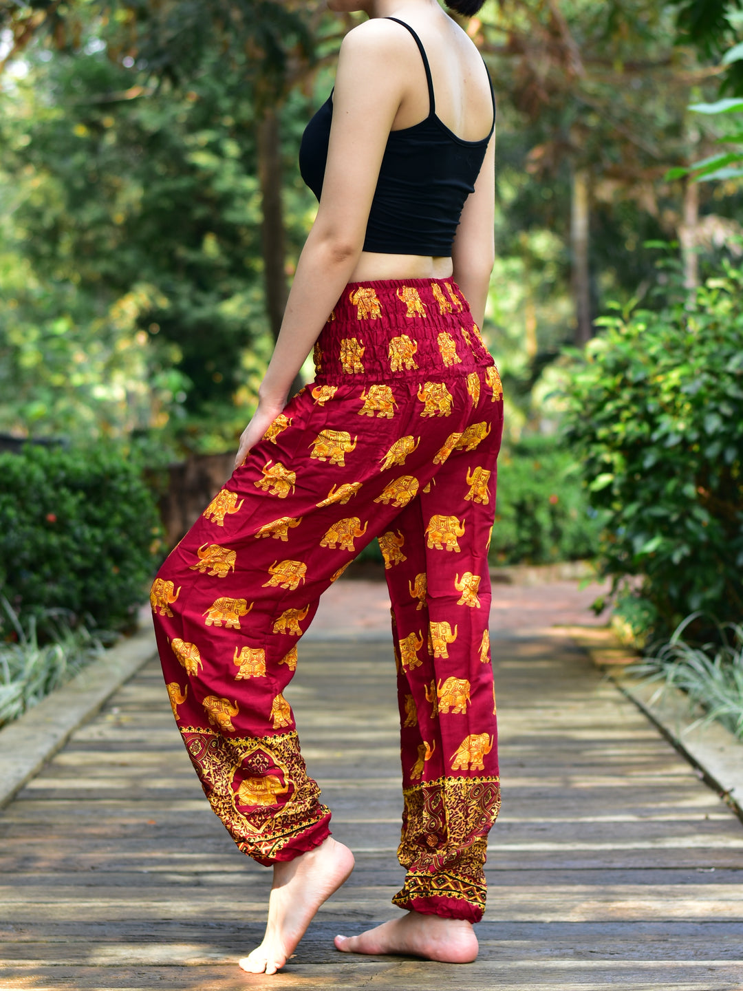 Bohotusk Red Royal Elephant Print Elasticated Smocked Waist Womens Harem Pants S/M