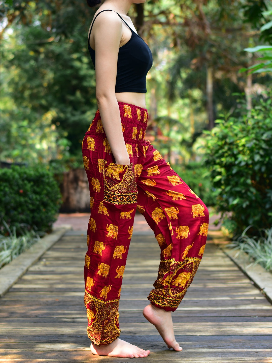 Bohotusk Red Royal Elephant Print Elasticated Smocked Waist Womens Harem Pants S/M