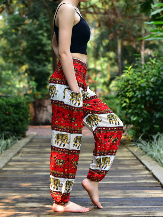 Bohotusk Red Elephant Stripes Print Elasticated Smocked Waist Womens Harem Pants S/M