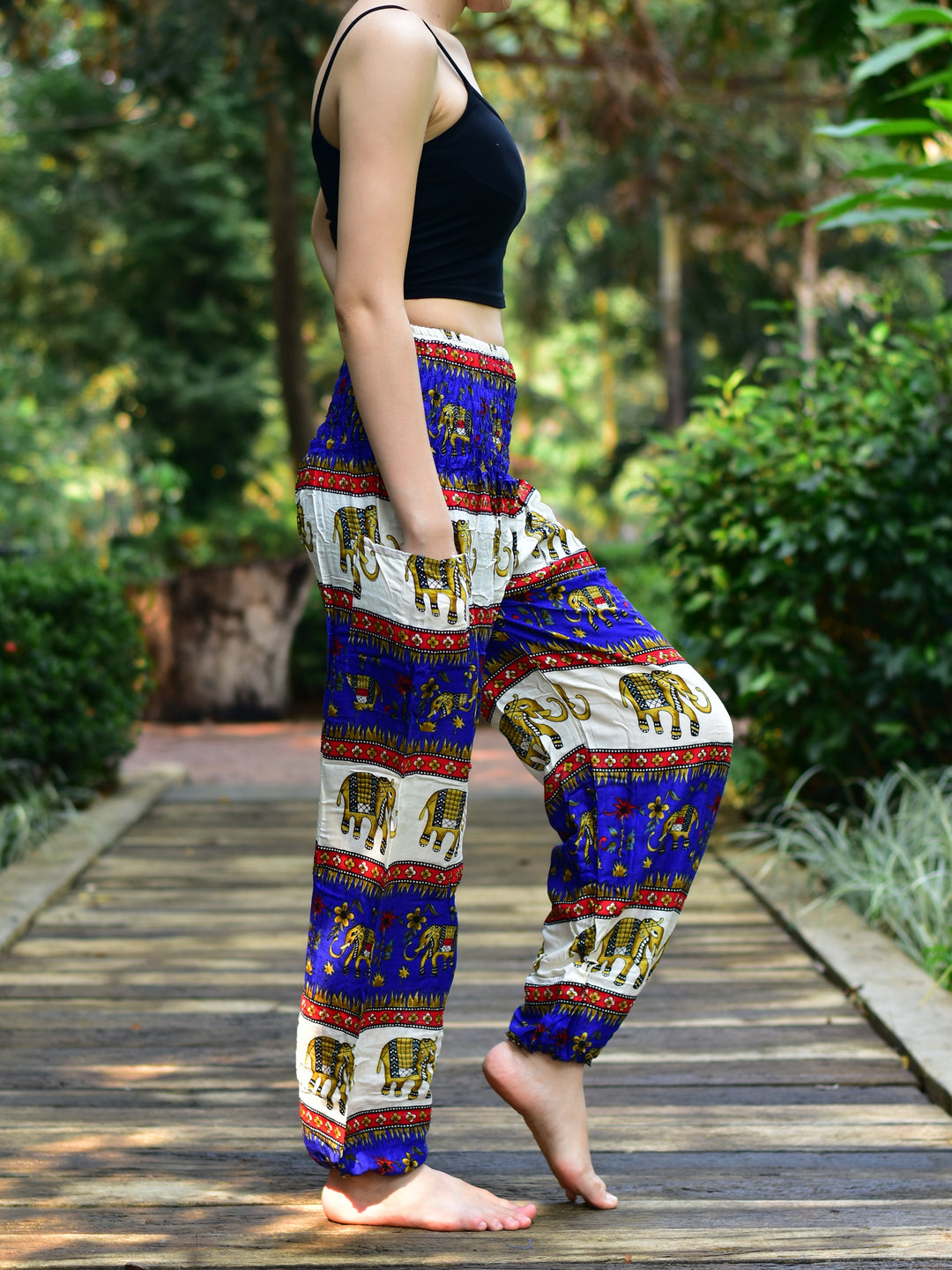 Bohotusk Blue Elephant Stripes Print Elasticated Smocked Waist Womens Harem Pants S/M