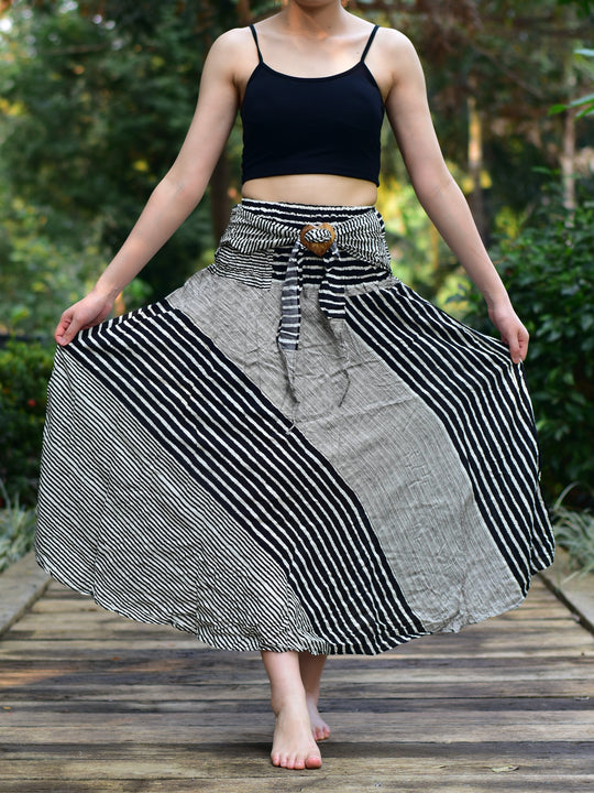 Bohotusk Black Patch Stripe Long Skirt With Coconut Buckle (& Strapless Dress) S/M to L/XL