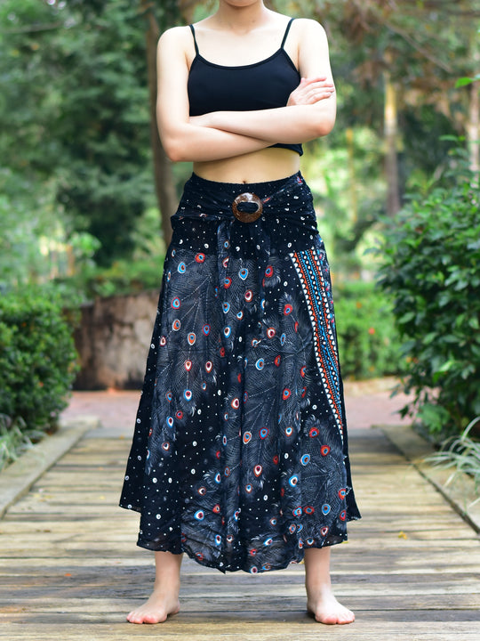 Bohotusk Black Peacock Long Skirt With Coconut Buckle (& Strapless Dress) S/M to 3XL