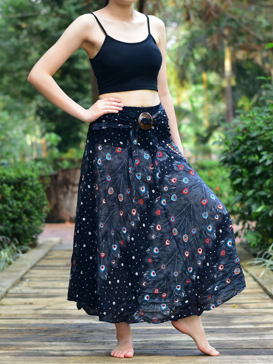 Bohotusk Black Peacock Long Skirt With Coconut Buckle (& Strapless Dress) S/M to 3XL