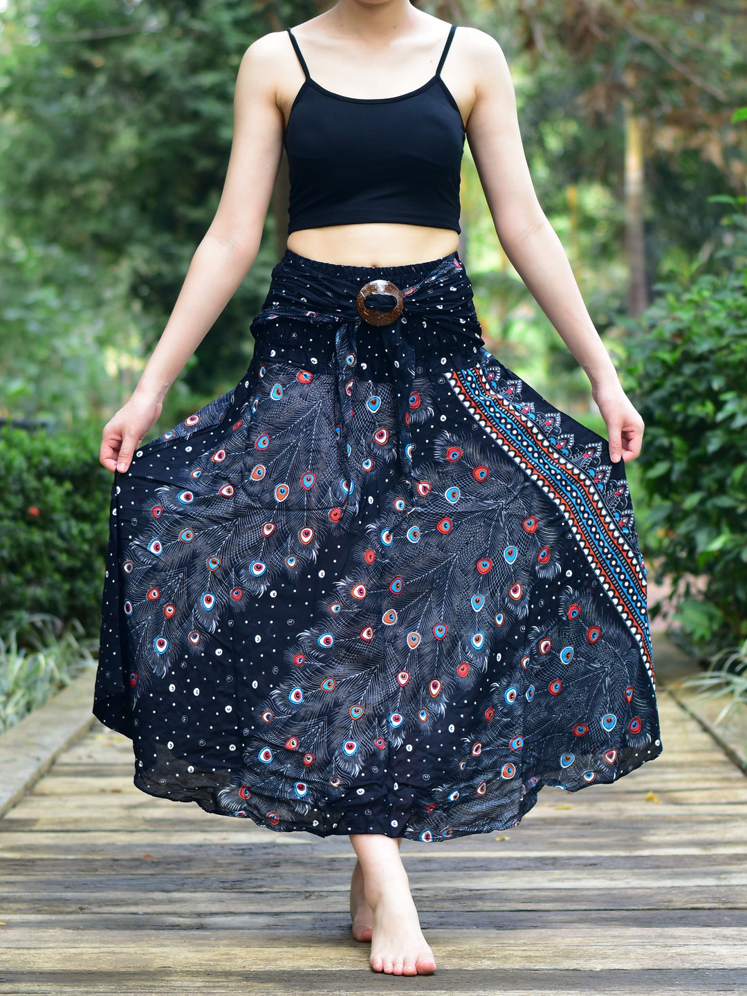 Bohotusk Black Peacock Long Skirt With Coconut Buckle (& Strapless Dress) S/M to 3XL