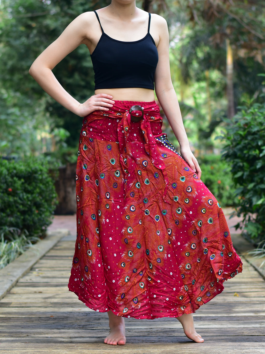 Bohotusk Burnt Red Peacock Long Skirt With Coconut Buckle (& Strapless Dress) S/M to L/XL