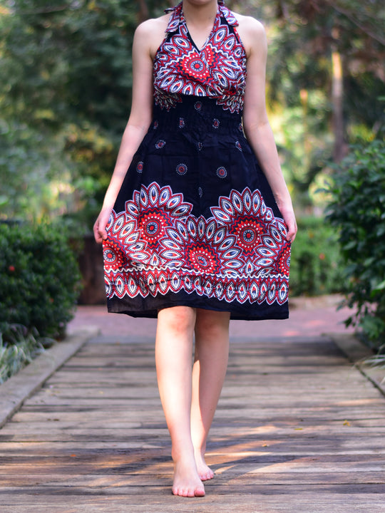 Bohotusk Black Sun Beam Tie Neck Knee Length Dress