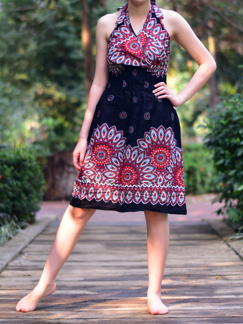 Bohotusk Black Sun Beam Tie Neck Knee Length Dress