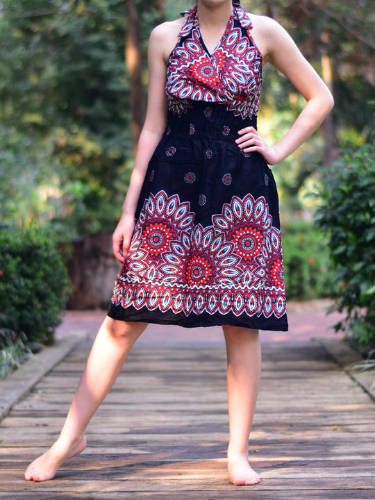 Bohotusk Black Sun Beam Tie Neck Knee Length Dress