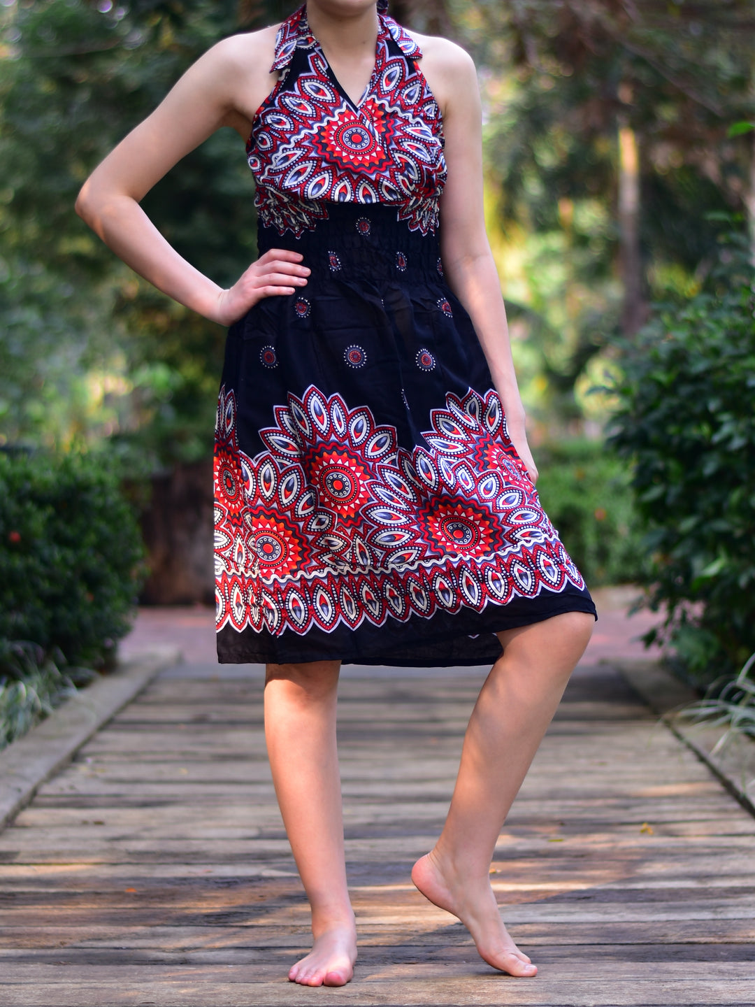Bohotusk Black Sun Beam Tie Neck Knee Length Dress