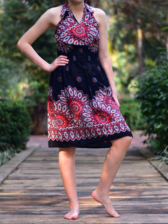 Bohotusk Black Sun Beam Tie Neck Knee Length Dress